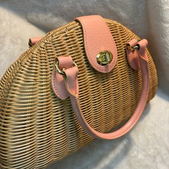 NEW Banana Republic Woven Bag Tan Rattan Pale Pink Leather Gold-tone Hardware - Picture 4 of 16
